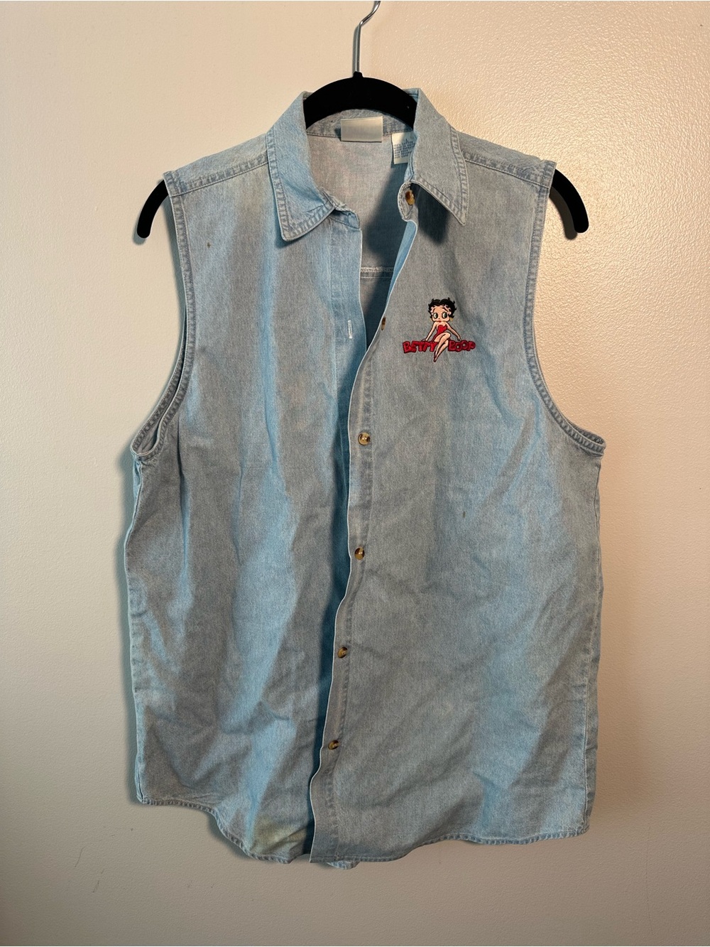 Betty Boop Blue Pointe Light Blue Denim Sleeveless Button-Up Vest Embroidered